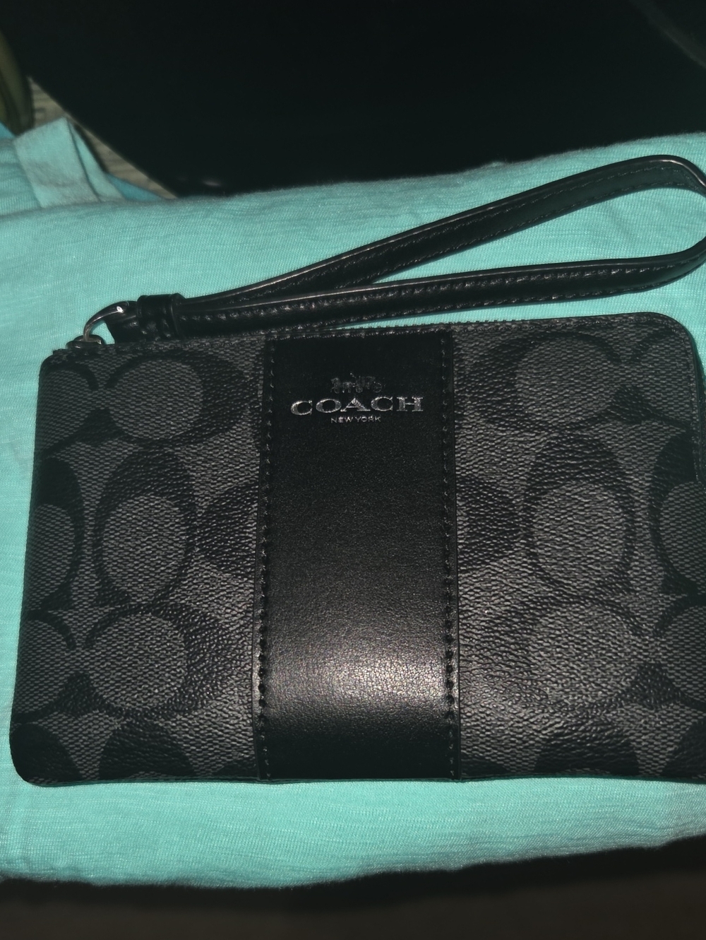 Coach Black Signature Wristlet with Leather Center Stripe